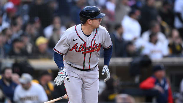 Apr 17, 2023; San Diego, California, USA; Atlanta Braves third baseman Austin Riley (27) drops his bat after hitting a two-run home run against the San Diego Padres during the first inning at Petco Park. Mandatory Credit: Orlando Ramirez-USA TODAY Sports